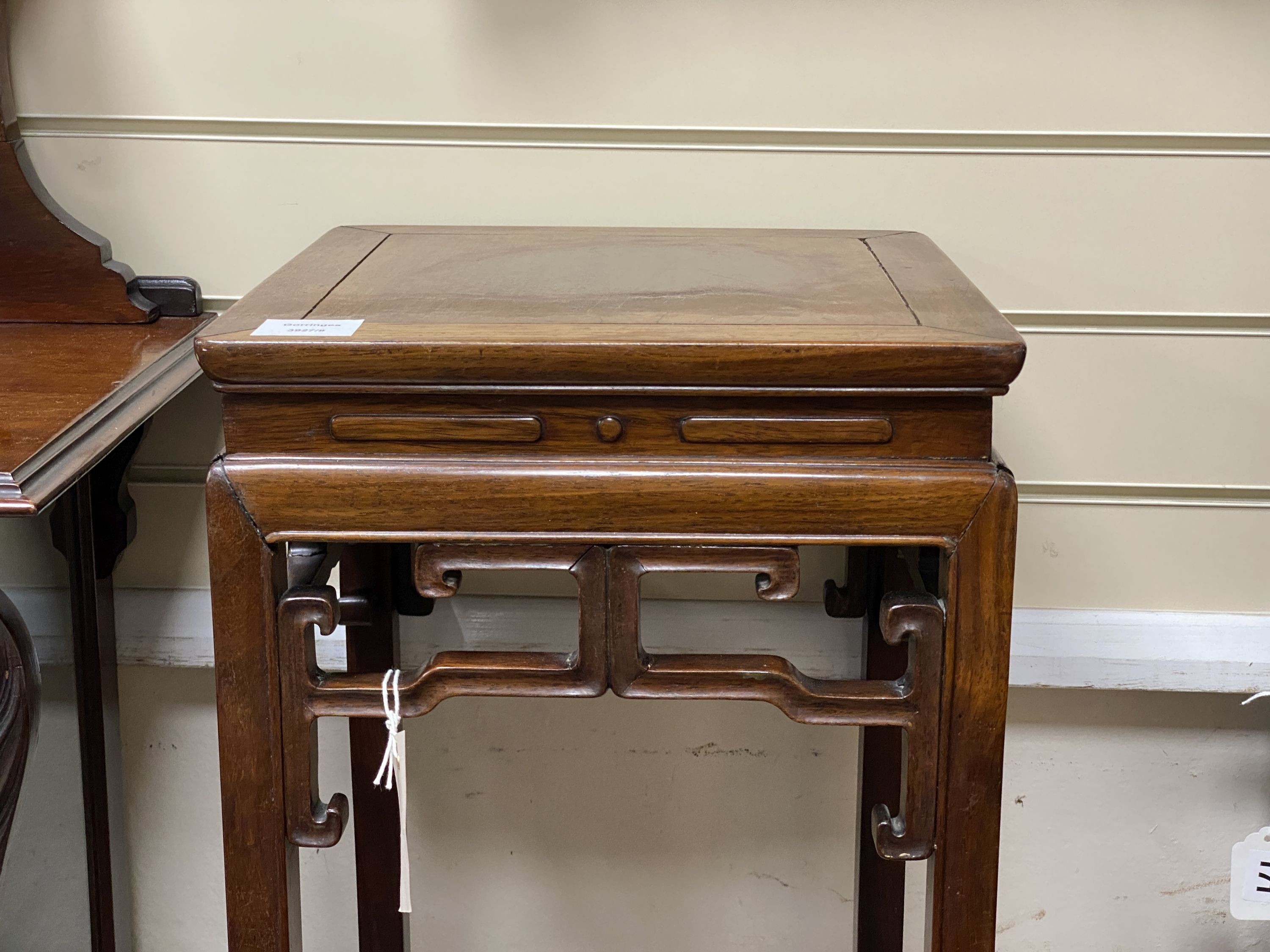 A Chinese carved hardwood vase stand, width 32cm, depth 33cm, height 110cm